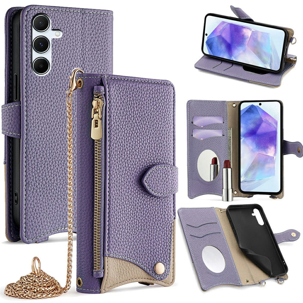 For Samsung Galaxy A16 5G / A16 4G Leather Case Wallet Stand Cover Irregular Tail Style with Chain Strap - Purple