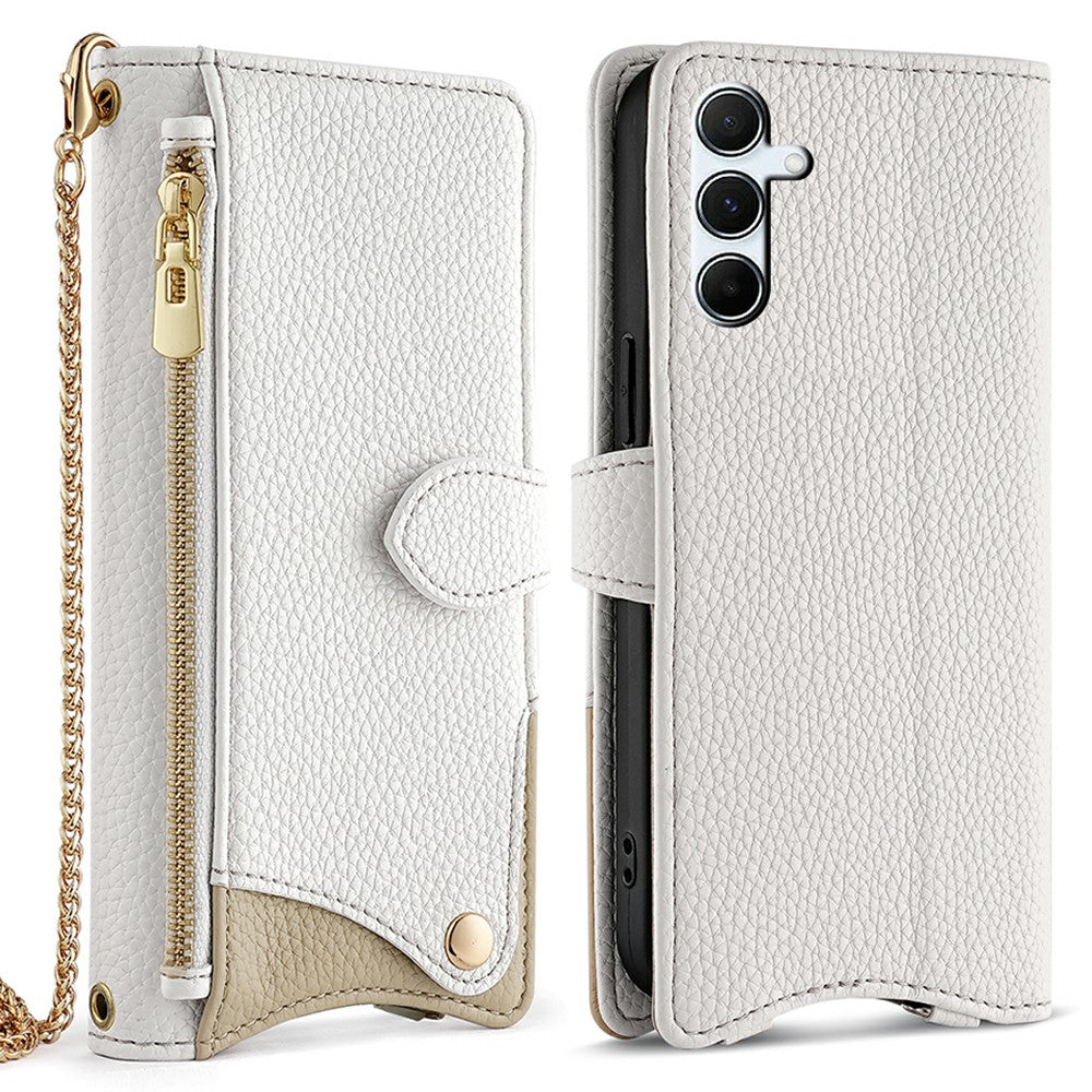 For Samsung Galaxy A16 5G / A16 4G Leather Case Wallet Stand Cover Irregular Tail Style with Chain Strap - White