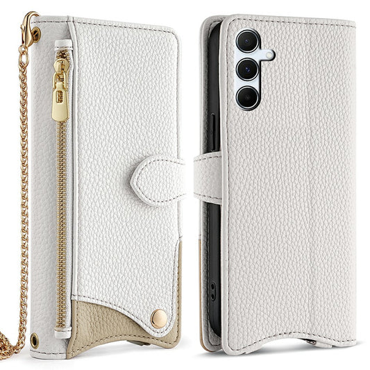 For Samsung Galaxy A16 5G / A16 4G Leather Case Wallet Stand Cover Irregular Tail Style with Chain Strap - White
