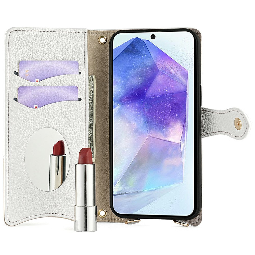 For Samsung Galaxy A16 5G / A16 4G Leather Case Wallet Stand Cover Irregular Tail Style with Chain Strap - White