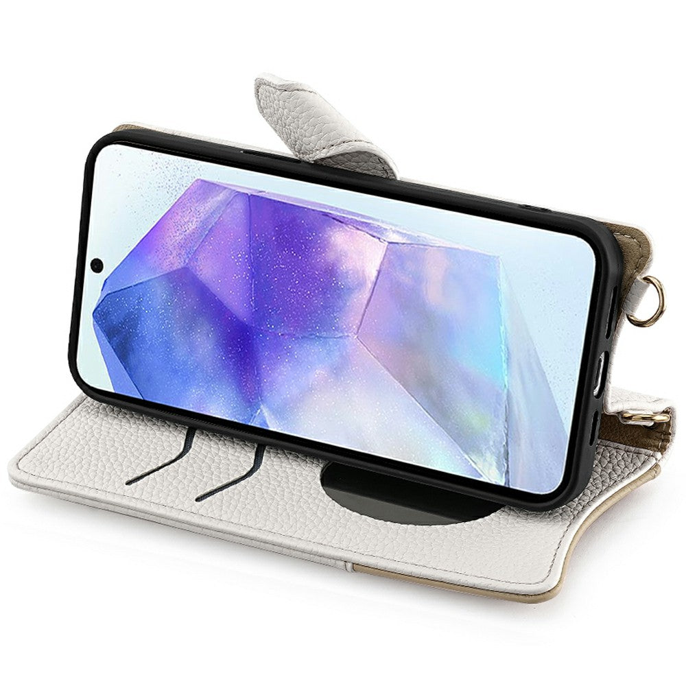 For Samsung Galaxy A16 5G / A16 4G Leather Case Wallet Stand Cover Irregular Tail Style with Chain Strap - White