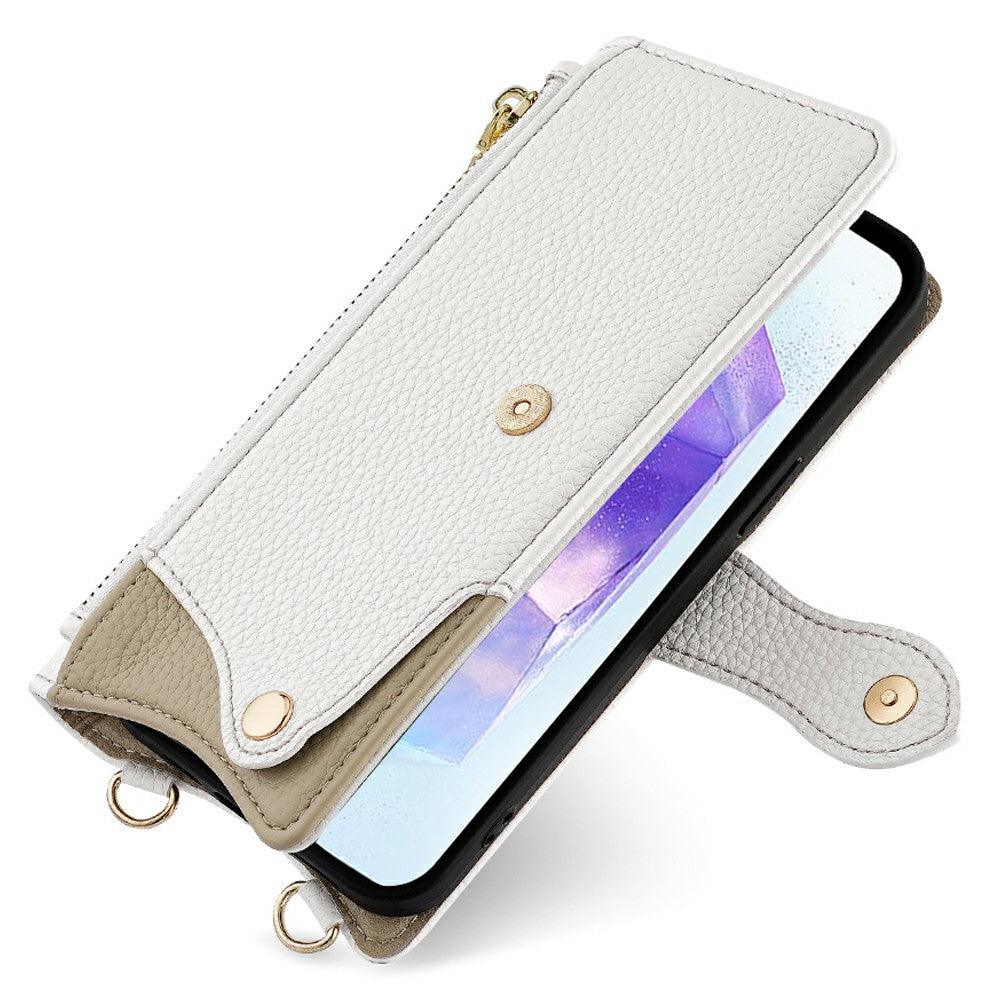 For Samsung Galaxy A16 5G / A16 4G Leather Case Wallet Stand Cover Irregular Tail Style with Chain Strap - White