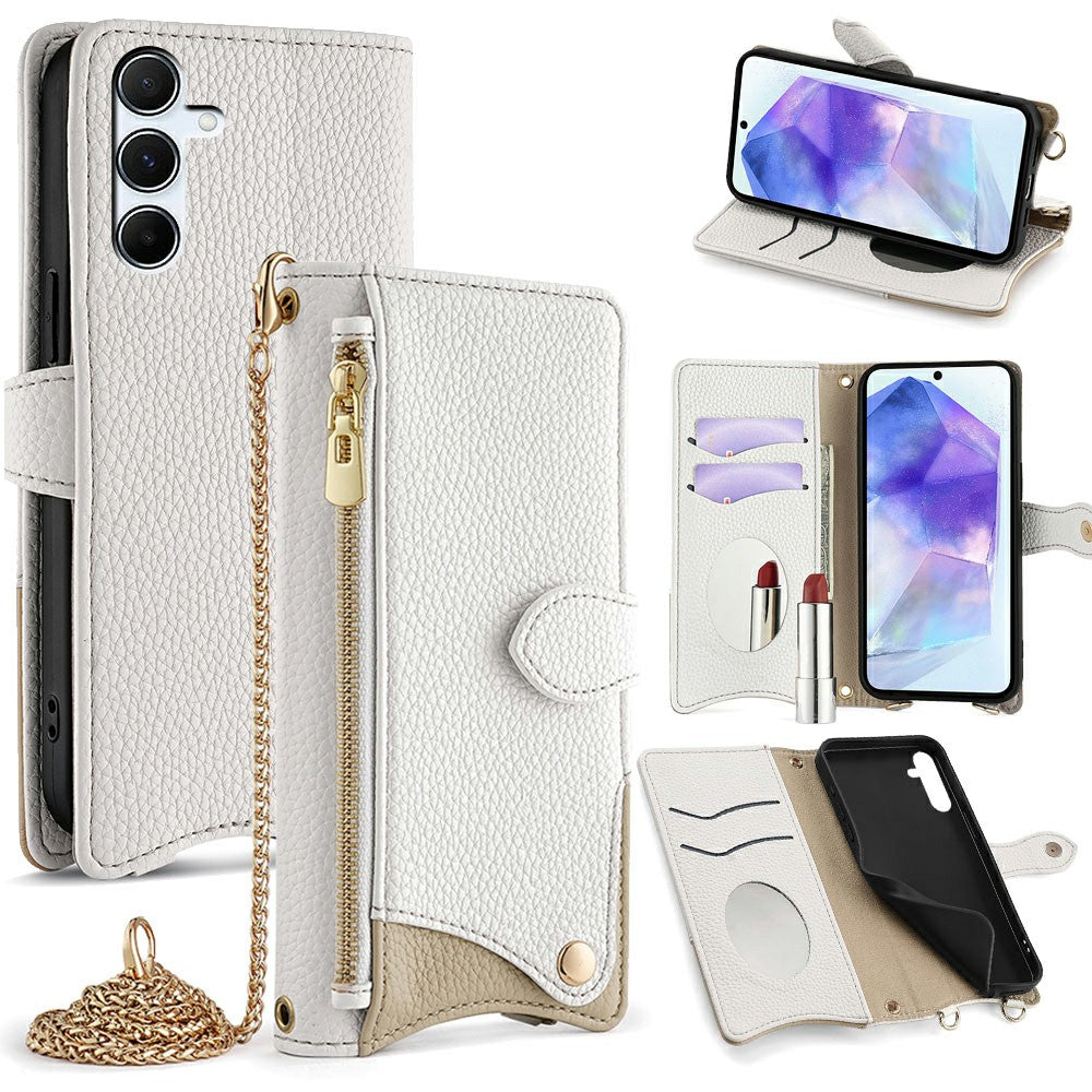 For Samsung Galaxy A16 5G / A16 4G Leather Case Wallet Stand Cover Irregular Tail Style with Chain Strap - White
