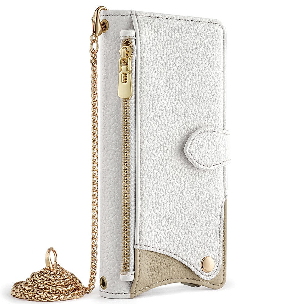 For Samsung Galaxy A16 5G / A16 4G Leather Case Wallet Stand Cover Irregular Tail Style with Chain Strap - White