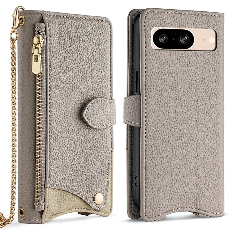 For Google Pixel 8 Leather Case Wallet Stand Cover Irregular Tail Style with Chain Strap - Grey