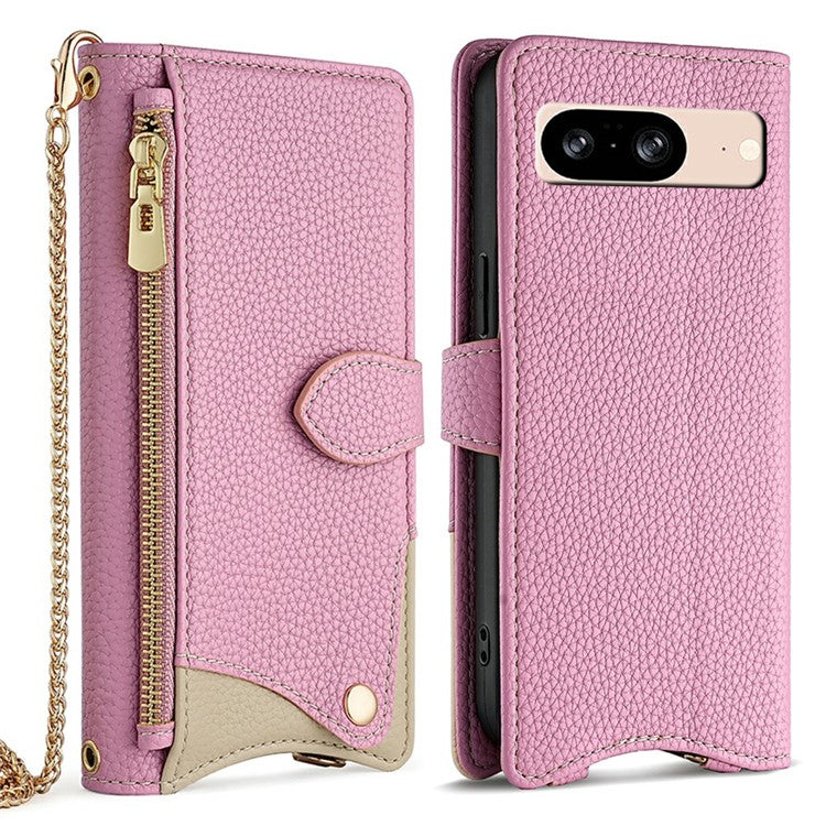 For Google Pixel 8 Leather Case Wallet Stand Cover Irregular Tail Style with Chain Strap - Pink