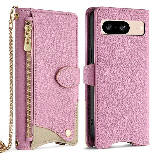 For Google Pixel 8 Leather Case Wallet Stand Cover Irregular Tail Style with Chain Strap - Pink