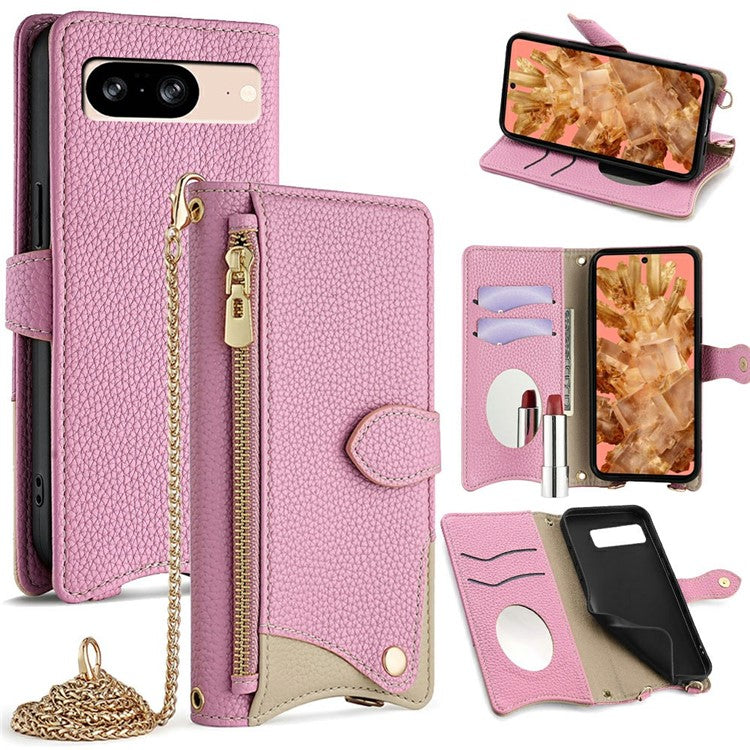 For Google Pixel 8 Leather Case Wallet Stand Cover Irregular Tail Style with Chain Strap - Pink