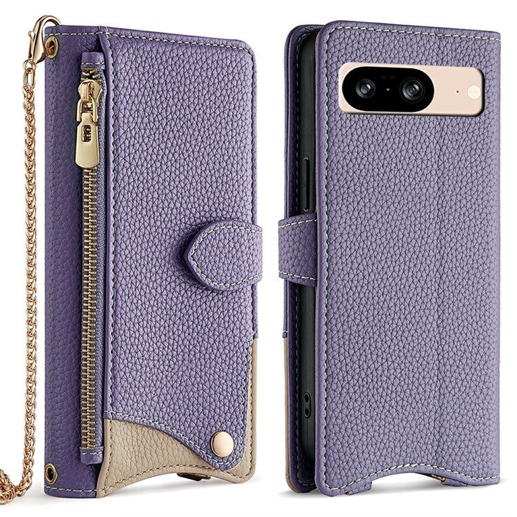 For Google Pixel 8 Leather Case Wallet Stand Cover Irregular Tail Style with Chain Strap - Purple