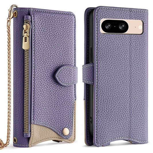 For Google Pixel 8 Leather Case Wallet Stand Cover Irregular Tail Style with Chain Strap - Purple