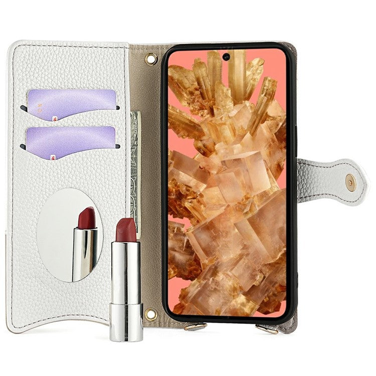 For Google Pixel 8 Leather Case Wallet Stand Cover Irregular Tail Style with Chain Strap - White