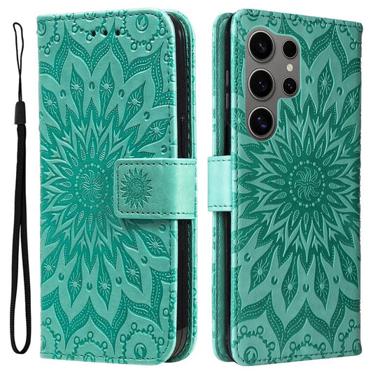 KT Imprinting Flower Series-1 For Samsung Galaxy S25 Ultra Case Sunflower Leather Wallet Phone Cover - Green
