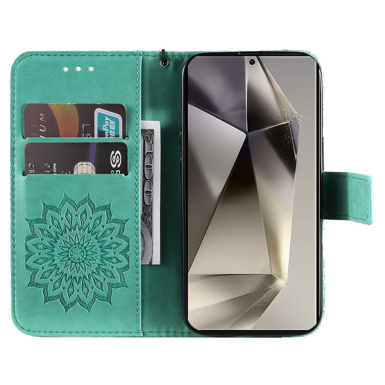 KT Imprinting Flower Series-1 For Samsung Galaxy S25 Ultra Case Sunflower Leather Wallet Phone Cover - Green
