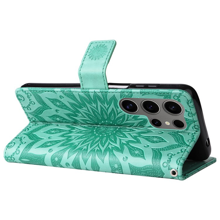 KT Imprinting Flower Series-1 For Samsung Galaxy S25 Ultra Case Sunflower Leather Wallet Phone Cover - Green