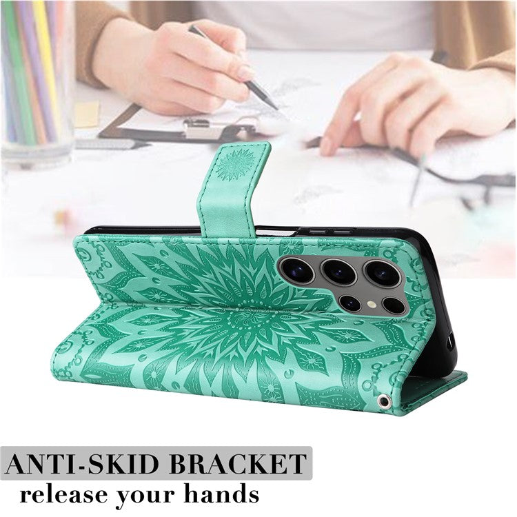 KT Imprinting Flower Series-1 For Samsung Galaxy S25 Ultra Case Sunflower Leather Wallet Phone Cover - Green