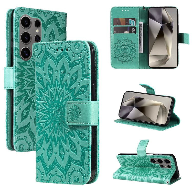 KT Imprinting Flower Series-1 For Samsung Galaxy S25 Ultra Case Sunflower Leather Wallet Phone Cover - Green