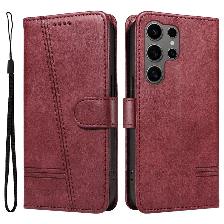 For Samsung Galaxy S25 Ultra Case Flip Wallet T-Shape Lines Leather Phone Cover - Wine Red