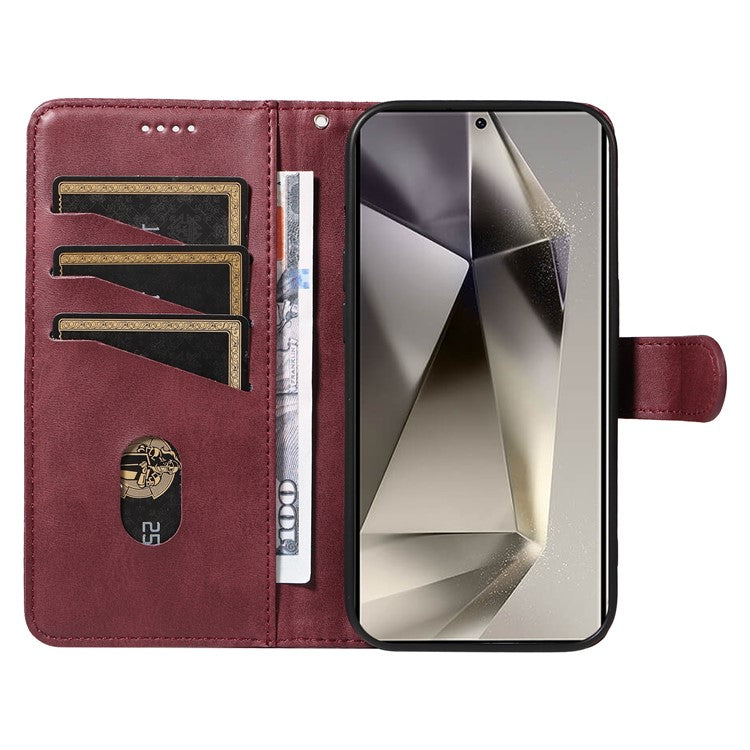 For Samsung Galaxy S25 Ultra Case Flip Wallet T-Shape Lines Leather Phone Cover - Wine Red