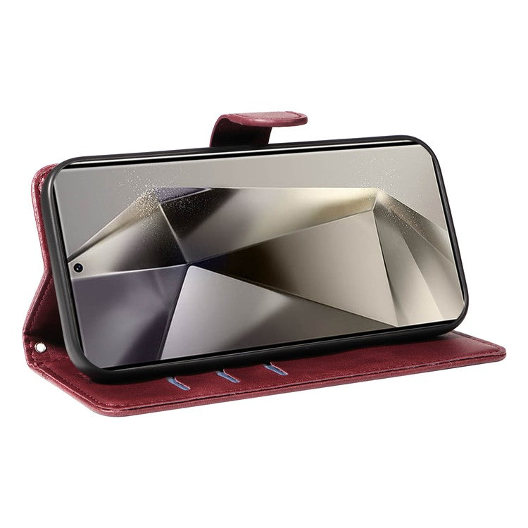 For Samsung Galaxy S25 Ultra Case Flip Wallet T-Shape Lines Leather Phone Cover - Wine Red