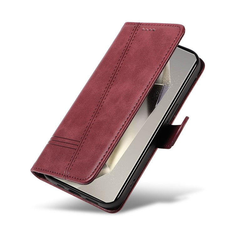 For Samsung Galaxy S25 Ultra Case Flip Wallet T-Shape Lines Leather Phone Cover - Wine Red