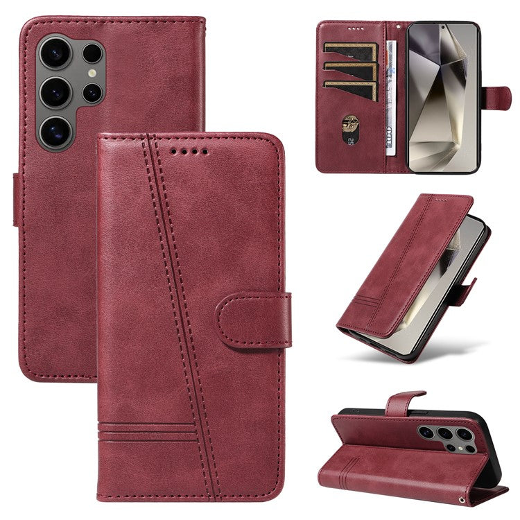 For Samsung Galaxy S25 Ultra Case Flip Wallet T-Shape Lines Leather Phone Cover - Wine Red