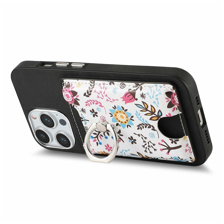 For iPhone 16 Pro Case Kickstand Leather Coated TPU Pattern Back Cover - Black
