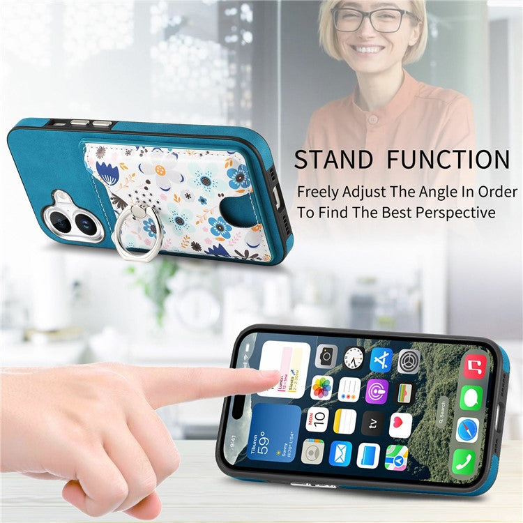 For iPhone 16 Case Kickstand Leather Coated TPU Pattern Back Cover - Blue