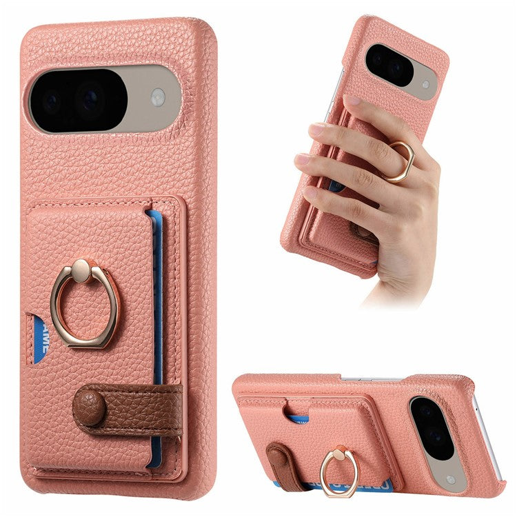 For Google Pixel 9 / 9 Pro Case Ring Holder Kickstand Card Slot Leather Phone Back Cover - Pink