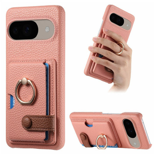 For Google Pixel 9 / 9 Pro Case Ring Holder Kickstand Card Slot Leather Phone Back Cover - Pink