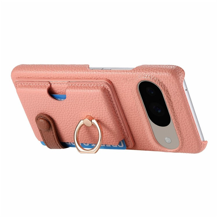 For Google Pixel 9 / 9 Pro Case Ring Holder Kickstand Card Slot Leather Phone Back Cover - Pink
