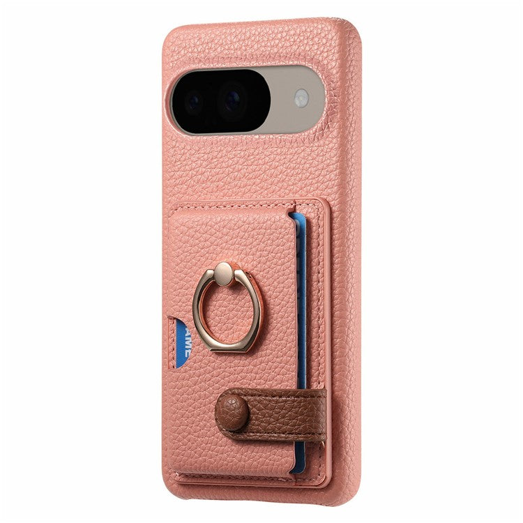 For Google Pixel 9 / 9 Pro Case Ring Holder Kickstand Card Slot Leather Phone Back Cover - Pink
