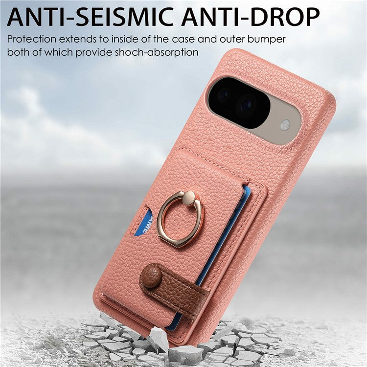 For Google Pixel 9 / 9 Pro Case Ring Holder Kickstand Card Slot Leather Phone Back Cover - Pink
