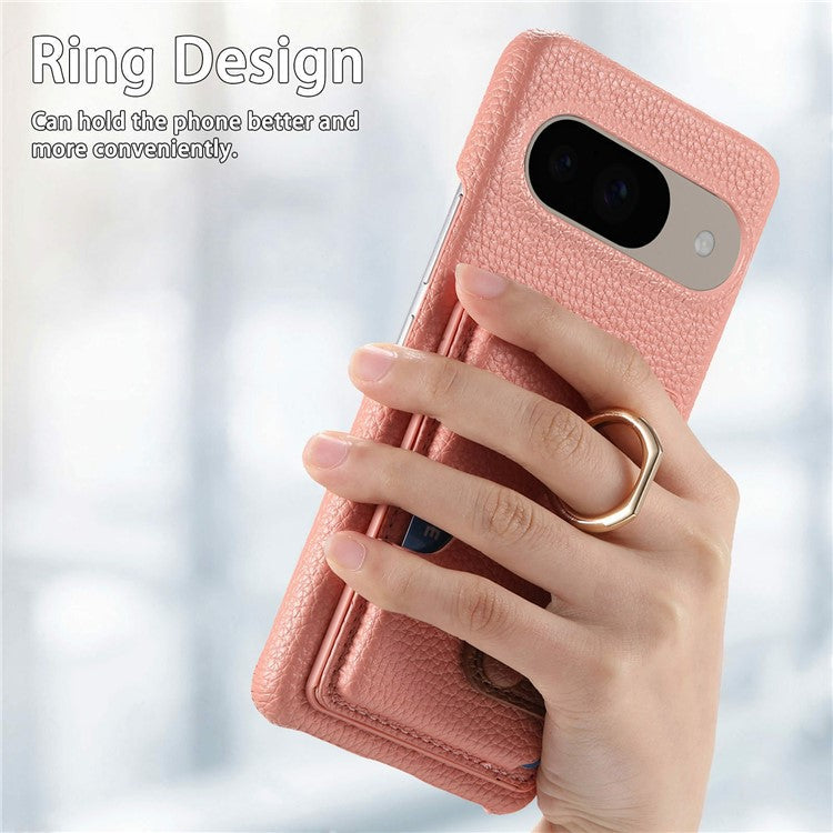 For Google Pixel 9 / 9 Pro Case Ring Holder Kickstand Card Slot Leather Phone Back Cover - Pink