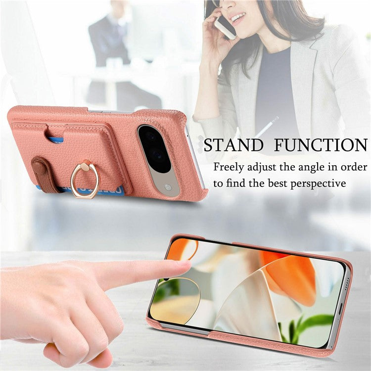 For Google Pixel 9 / 9 Pro Case Ring Holder Kickstand Card Slot Leather Phone Back Cover - Pink