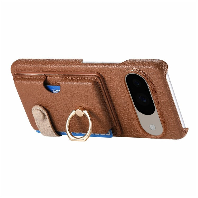 For Google Pixel 9 / 9 Pro Case Ring Holder Kickstand Card Slot Leather Phone Back Cover - Brown