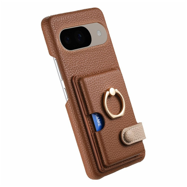 For Google Pixel 9 / 9 Pro Case Ring Holder Kickstand Card Slot Leather Phone Back Cover - Brown