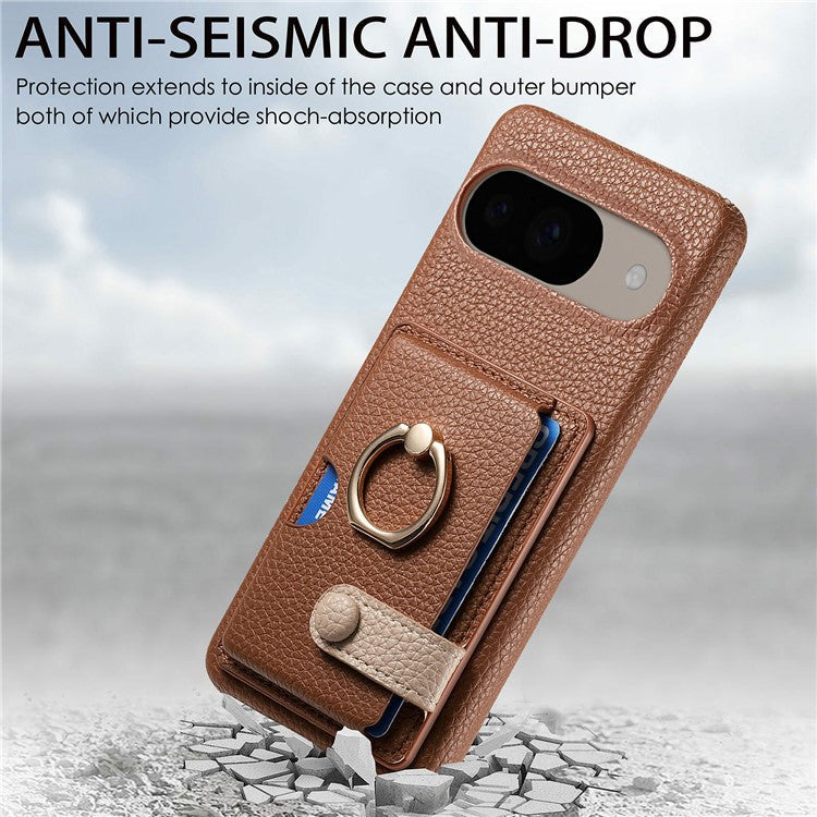 For Google Pixel 9 / 9 Pro Case Ring Holder Kickstand Card Slot Leather Phone Back Cover - Brown