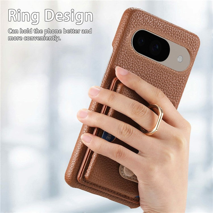 For Google Pixel 9 / 9 Pro Case Ring Holder Kickstand Card Slot Leather Phone Back Cover - Brown