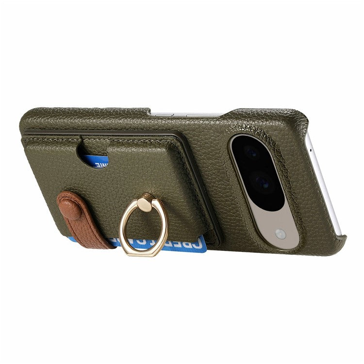For Google Pixel 9 / 9 Pro Case Ring Holder Kickstand Card Slot Leather Phone Back Cover - Green