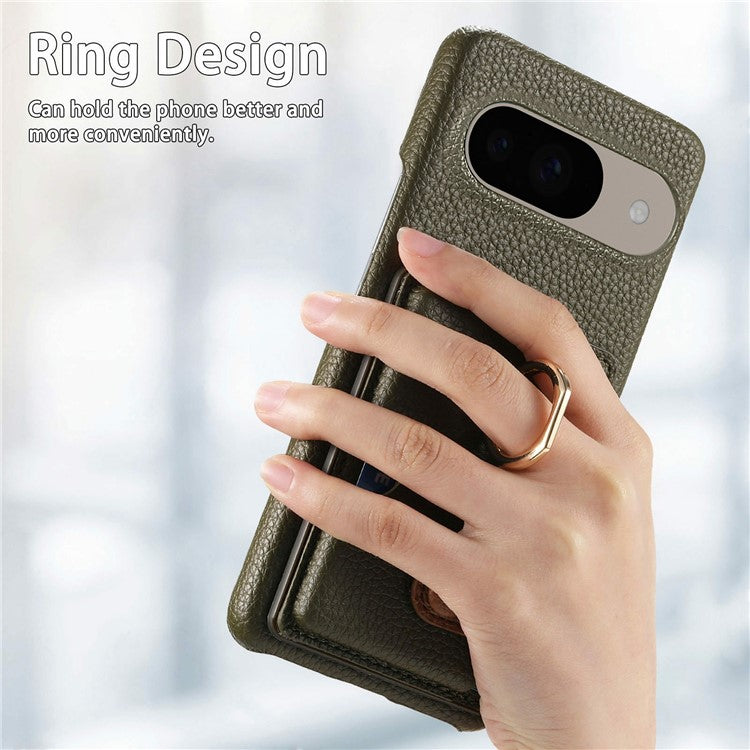 For Google Pixel 9 / 9 Pro Case Ring Holder Kickstand Card Slot Leather Phone Back Cover - Green