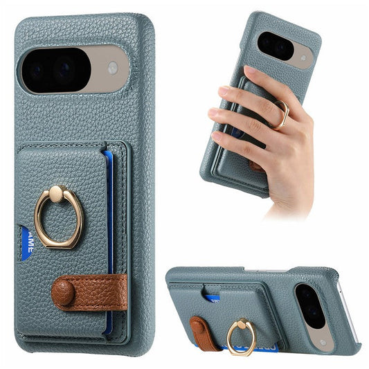 For Google Pixel 9 / 9 Pro Case Ring Holder Kickstand Card Slot Leather Phone Back Cover - Baby Blue