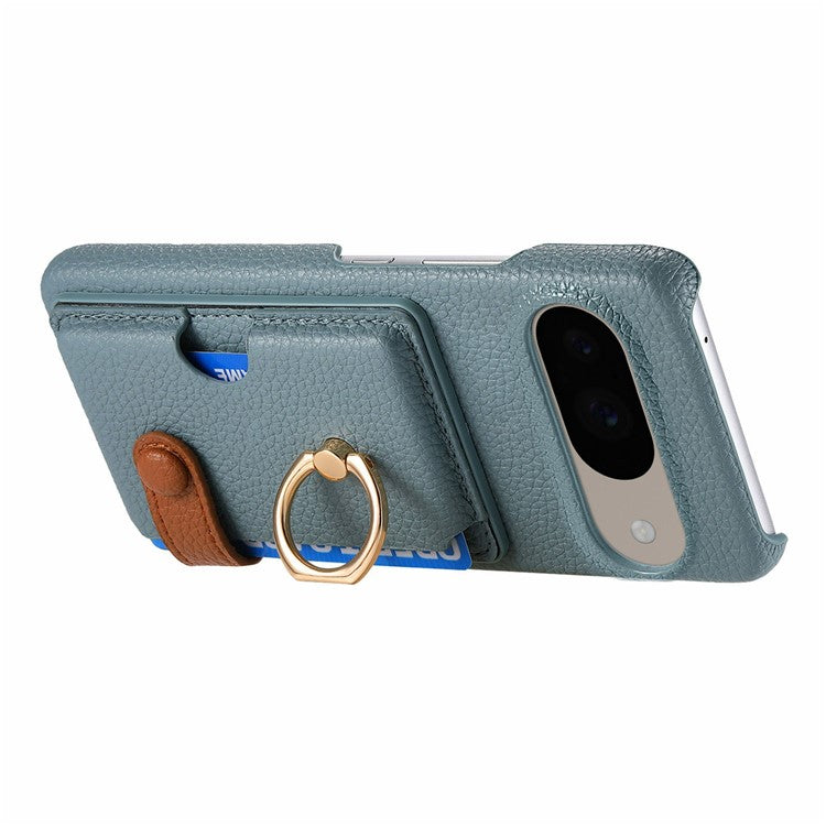 For Google Pixel 9 / 9 Pro Case Ring Holder Kickstand Card Slot Leather Phone Back Cover - Baby Blue