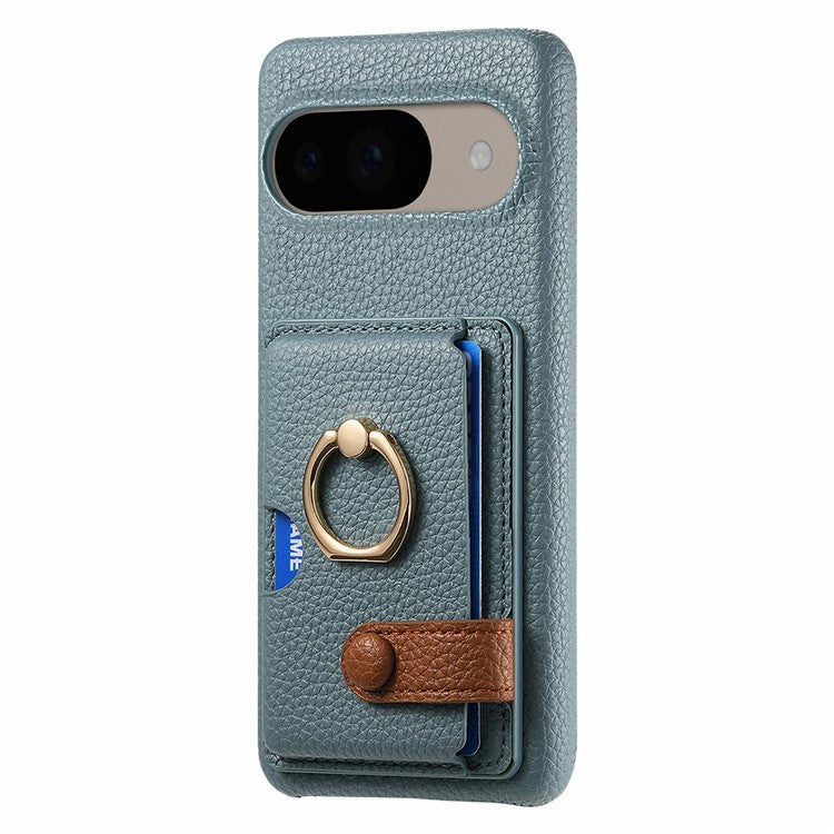 For Google Pixel 9 / 9 Pro Case Ring Holder Kickstand Card Slot Leather Phone Back Cover - Baby Blue