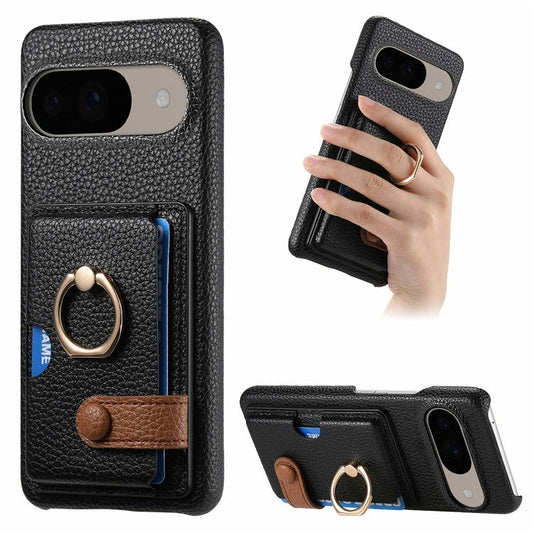 For Google Pixel 9 / 9 Pro Case Ring Holder Kickstand Card Slot Leather Phone Back Cover - Black