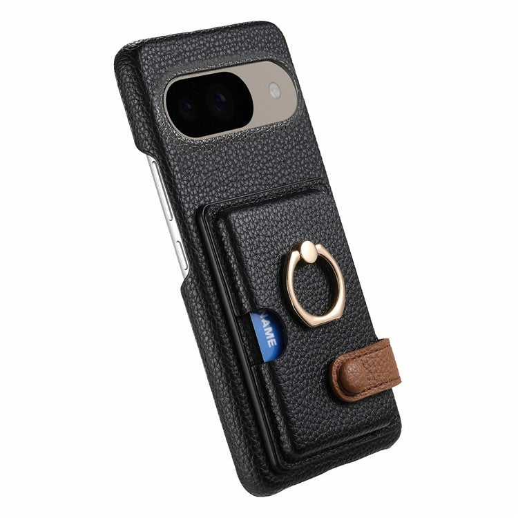 For Google Pixel 9 / 9 Pro Case Ring Holder Kickstand Card Slot Leather Phone Back Cover - Black