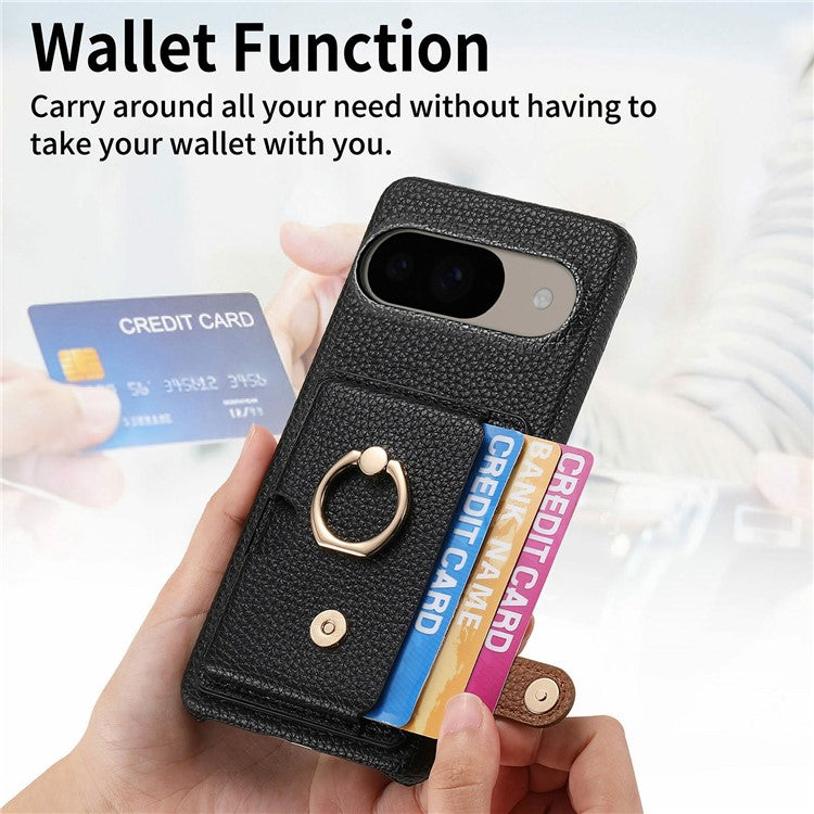 For Google Pixel 9 / 9 Pro Case Ring Holder Kickstand Card Slot Leather Phone Back Cover - Black