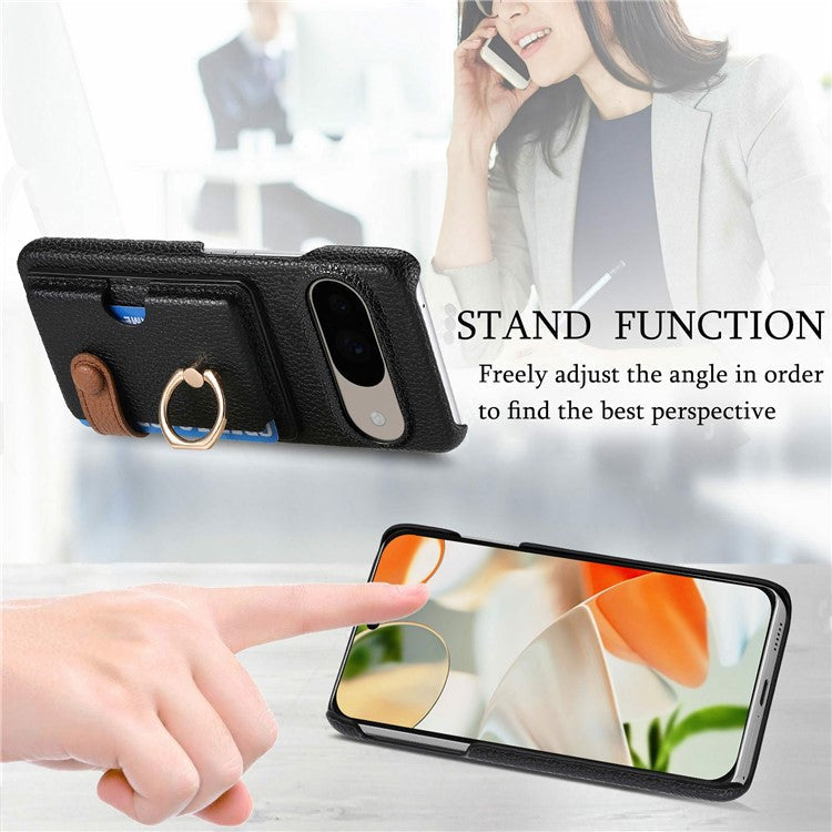 For Google Pixel 9 / 9 Pro Case Ring Holder Kickstand Card Slot Leather Phone Back Cover - Black
