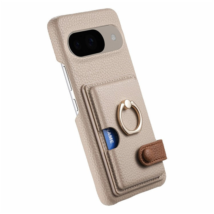 For Google Pixel 9 / 9 Pro Case Ring Holder Kickstand Card Slot Leather Phone Back Cover - Grey