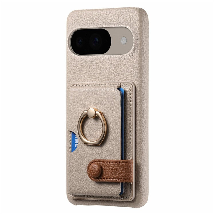 For Google Pixel 9 / 9 Pro Case Ring Holder Kickstand Card Slot Leather Phone Back Cover - Grey