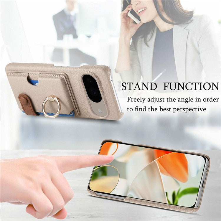 For Google Pixel 9 / 9 Pro Case Ring Holder Kickstand Card Slot Leather Phone Back Cover - Grey